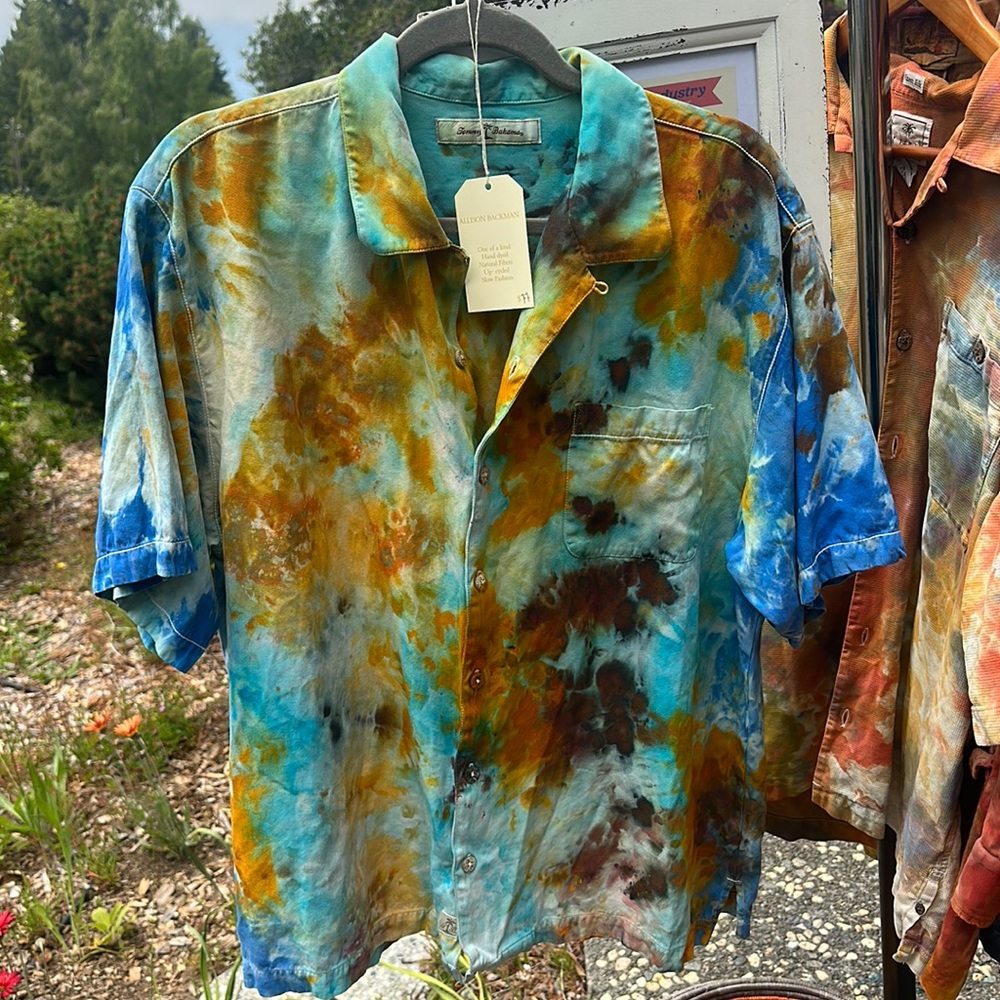 Tommy Bahama linen Upcycle Ice Dyed button down Shirt by Allison Backman Size L